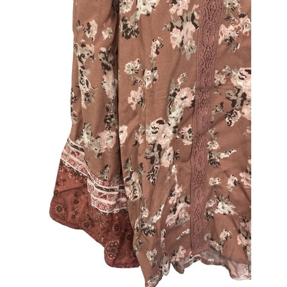 Maurices Floral Boho Top Lace Detail Bell Sleeves Womens M Rayon Pink/Brown - Picture 2 of 5